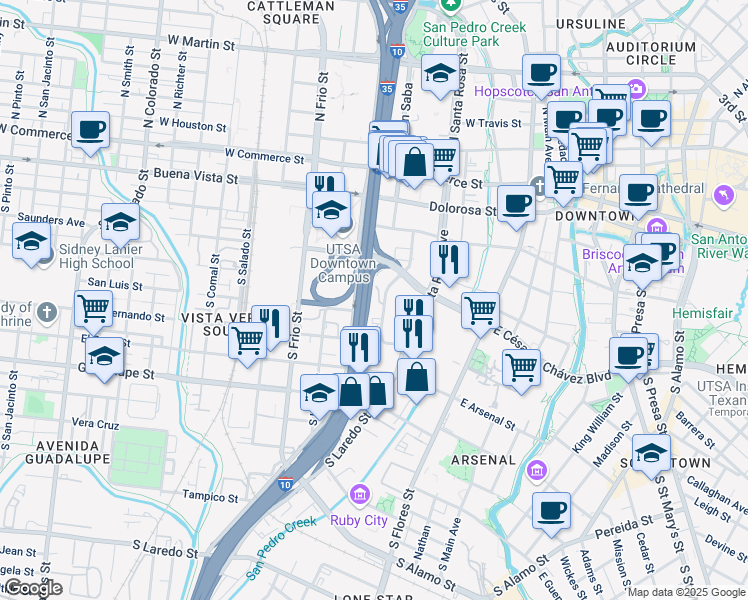 map of restaurants, bars, coffee shops, grocery stores, and more near 440-598 La Trinidad St in San Antonio