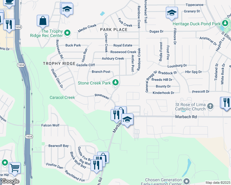 map of restaurants, bars, coffee shops, grocery stores, and more near 10412 Branch Crest in San Antonio