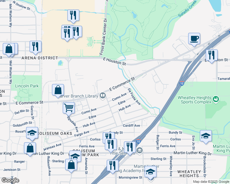 map of restaurants, bars, coffee shops, grocery stores, and more near 3430 East Commerce Street in San Antonio