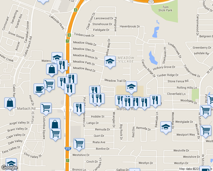 map of restaurants, bars, coffee shops, grocery stores, and more near 7935 Meadow Star in San Antonio