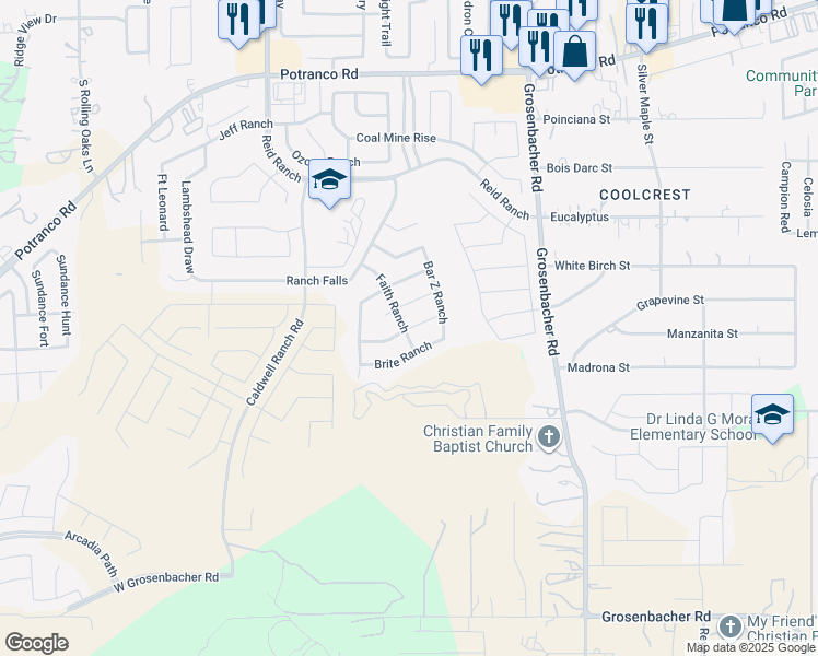 map of restaurants, bars, coffee shops, grocery stores, and more near 12527 Ponder Ranch in San Antonio