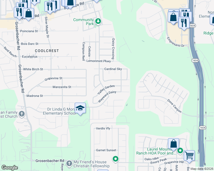 map of restaurants, bars, coffee shops, grocery stores, and more near 11647 Valley Garden in San Antonio