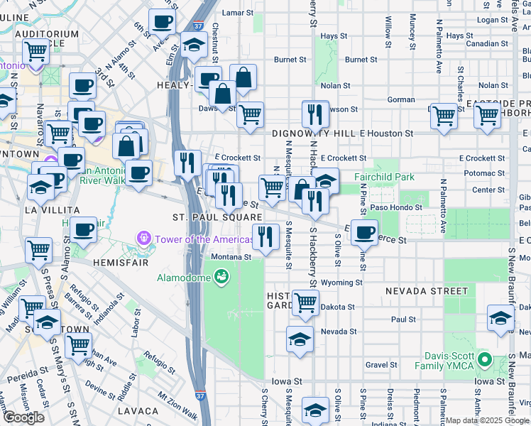 map of restaurants, bars, coffee shops, grocery stores, and more near 1300 East Commerce Street in San Antonio