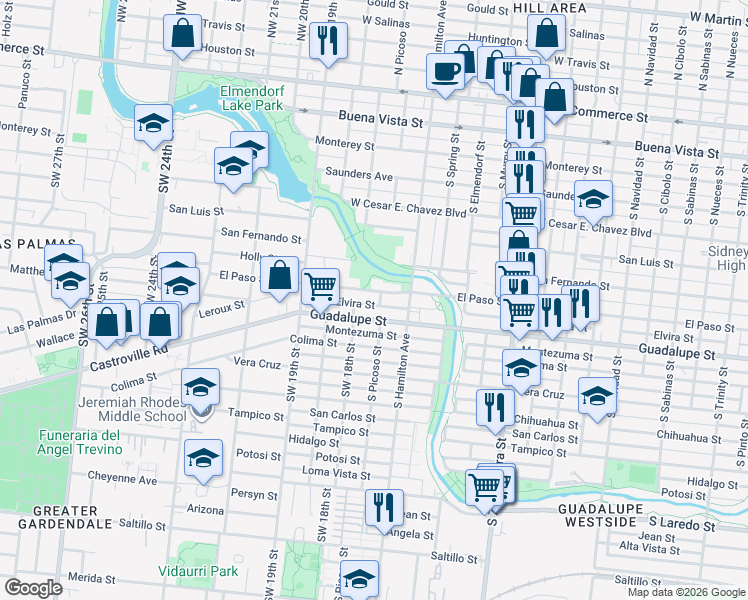 map of restaurants, bars, coffee shops, grocery stores, and more near 2930 El Paso Street in San Antonio