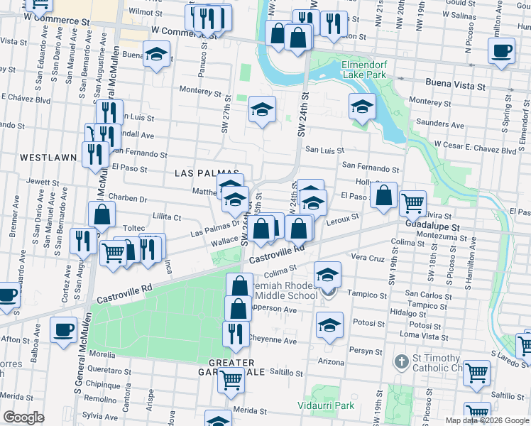 map of restaurants, bars, coffee shops, grocery stores, and more near 347 Leroux Street in San Antonio