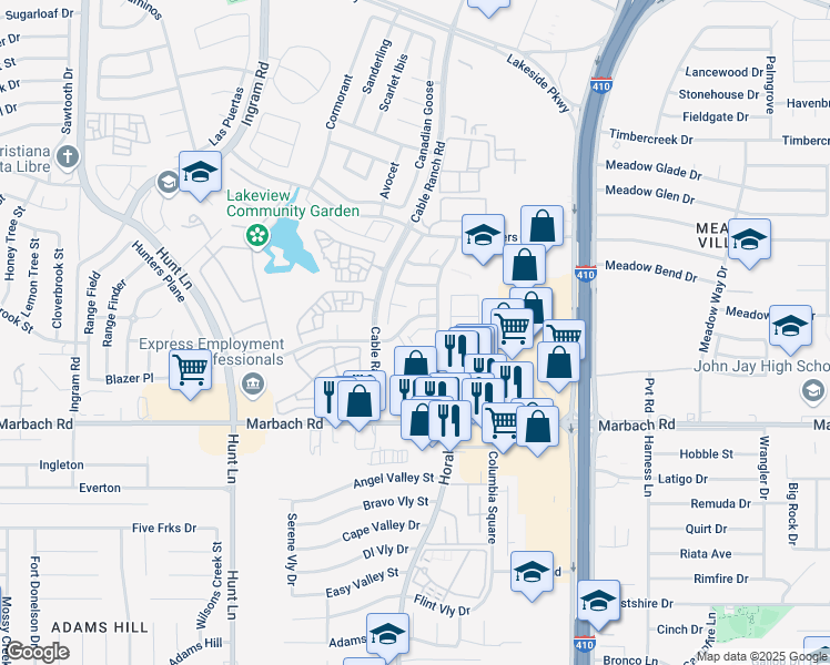 map of restaurants, bars, coffee shops, grocery stores, and more near 8634 Garden Brook Drive in San Antonio