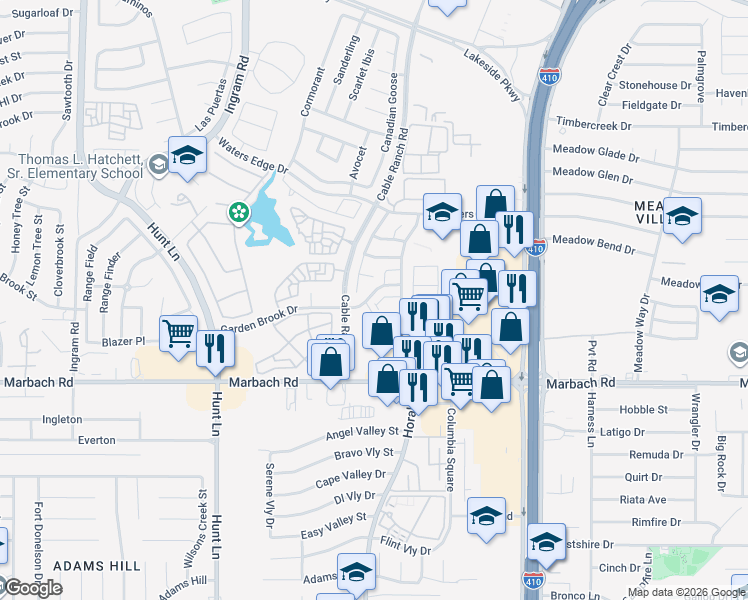map of restaurants, bars, coffee shops, grocery stores, and more near 8634 Garden Brook Drive in San Antonio