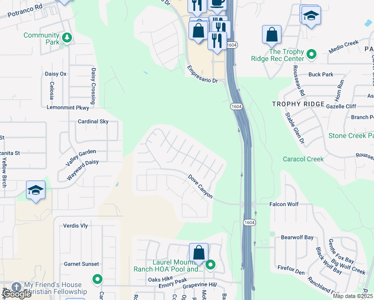 map of restaurants, bars, coffee shops, grocery stores, and more near 1327 Crane Court in San Antonio