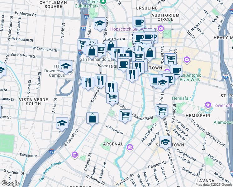 map of restaurants, bars, coffee shops, grocery stores, and more near 305 South Flores Street in San Antonio
