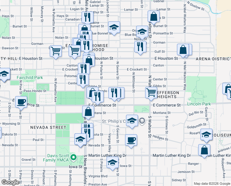 map of restaurants, bars, coffee shops, grocery stores, and more near 1150 Paso Hondo Street in San Antonio