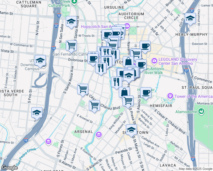 map of restaurants, bars, coffee shops, grocery stores, and more near 226 Dwyer Avenue in San Antonio