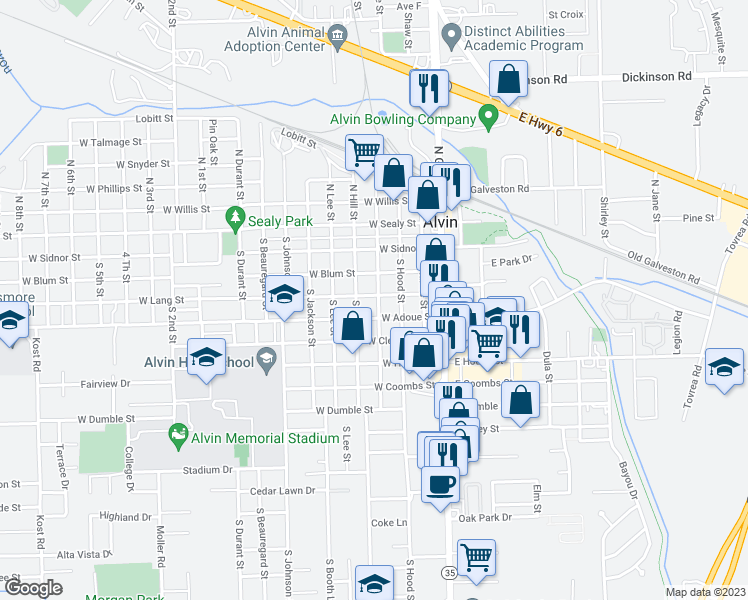 map of restaurants, bars, coffee shops, grocery stores, and more near 402 South Taylor Street in Alvin