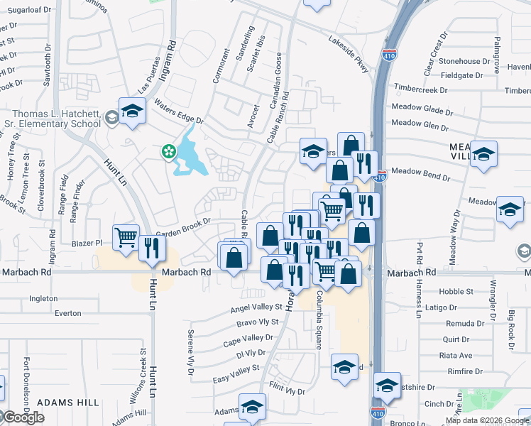 map of restaurants, bars, coffee shops, grocery stores, and more near 8634 Garden Brook Drive in San Antonio