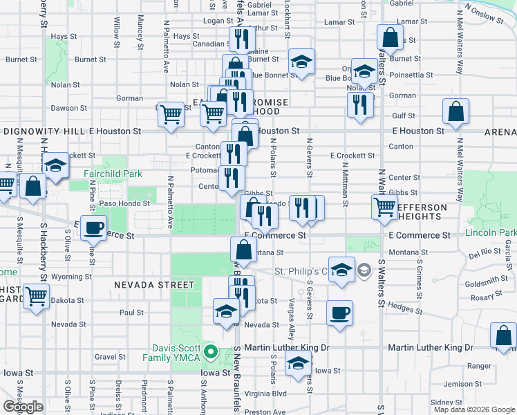 map of restaurants, bars, coffee shops, grocery stores, and more near 1030 Paso Hondo in San Antonio