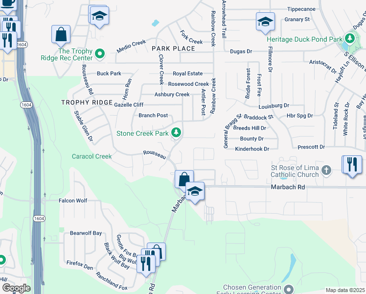 map of restaurants, bars, coffee shops, grocery stores, and more near 10412 Branch Crest in San Antonio