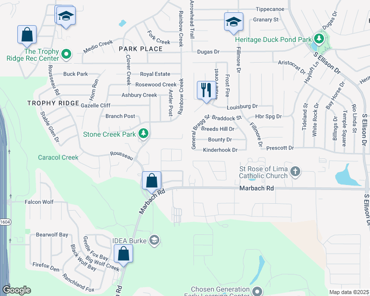 map of restaurants, bars, coffee shops, grocery stores, and more near 10303 Fort Davis Trail in San Antonio