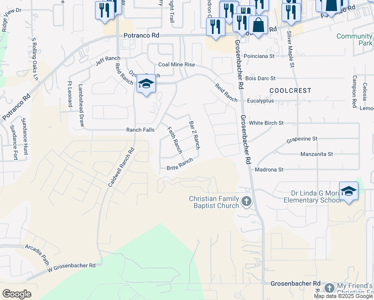 map of restaurants, bars, coffee shops, grocery stores, and more near 12527 Ponder Ranch in San Antonio