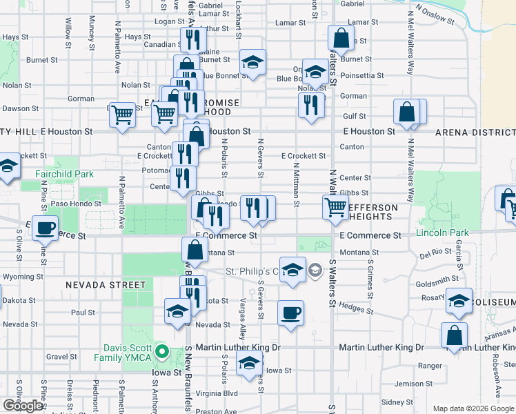 map of restaurants, bars, coffee shops, grocery stores, and more near 1150 Paso Hondo Street in San Antonio