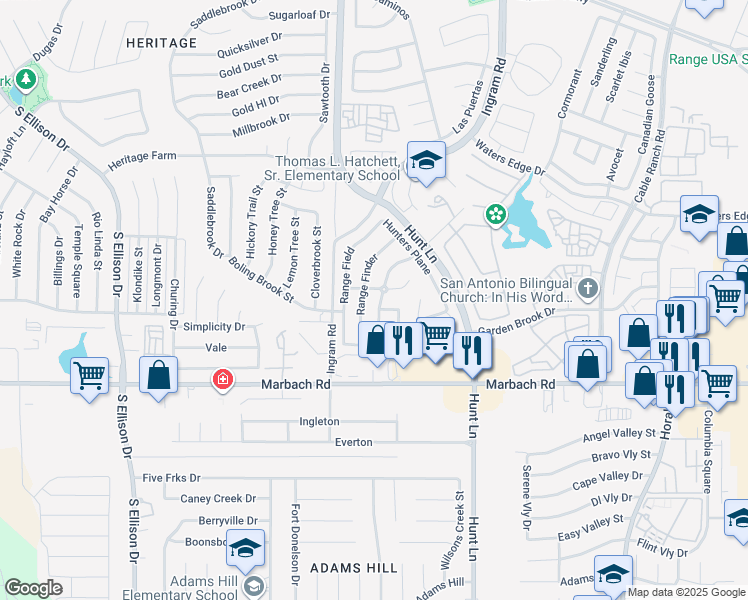 map of restaurants, bars, coffee shops, grocery stores, and more near 9223 Terrace Hill in San Antonio