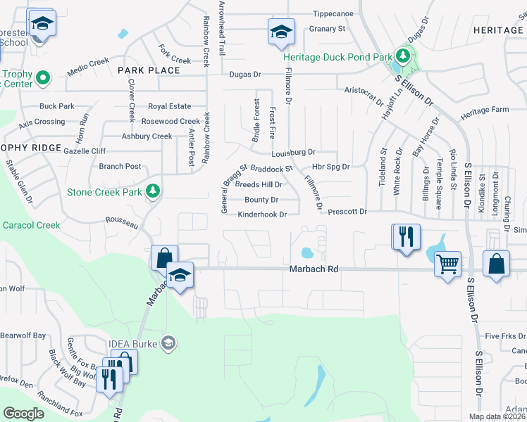 map of restaurants, bars, coffee shops, grocery stores, and more near 10543 Kinderhook in San Antonio