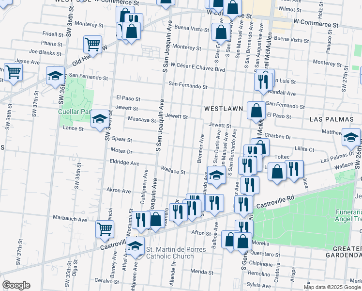 map of restaurants, bars, coffee shops, grocery stores, and more near 931 Allende Drive in San Antonio