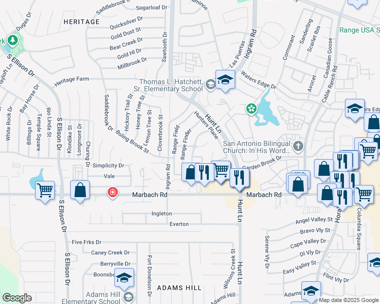 map of restaurants, bars, coffee shops, grocery stores, and more near 9223 Terrace Hill in San Antonio