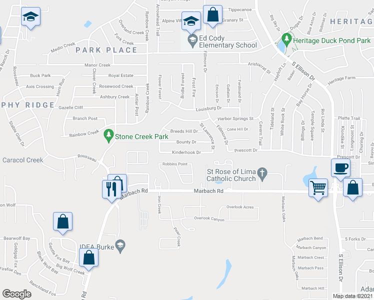 map of restaurants, bars, coffee shops, grocery stores, and more near 10543 Kinderhook in San Antonio