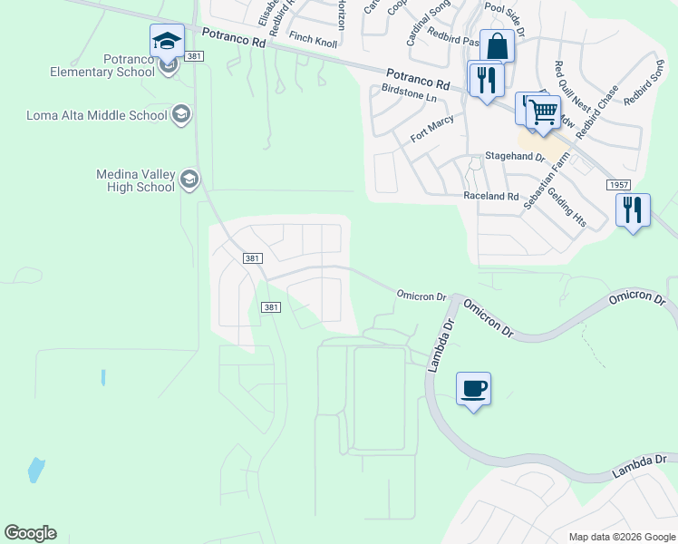 map of restaurants, bars, coffee shops, grocery stores, and more near 213 Antler Bend in San Antonio