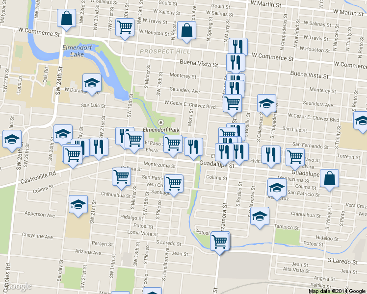 map of restaurants, bars, coffee shops, grocery stores, and more near 2818 El Paso Street in San Antonio