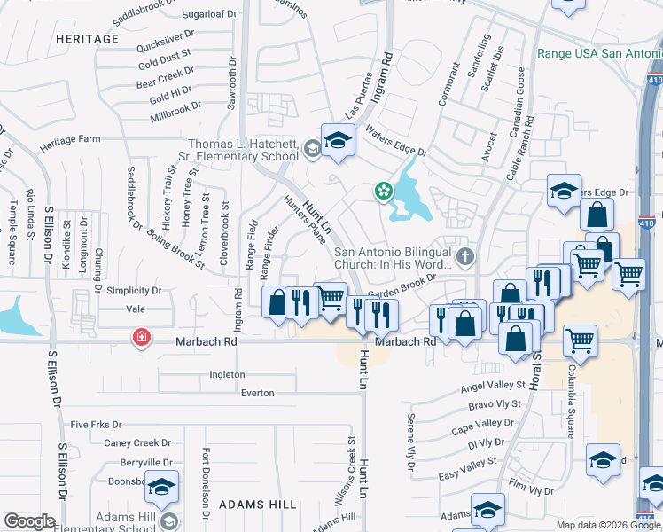 map of restaurants, bars, coffee shops, grocery stores, and more near 1355 Hunters Plane in San Antonio