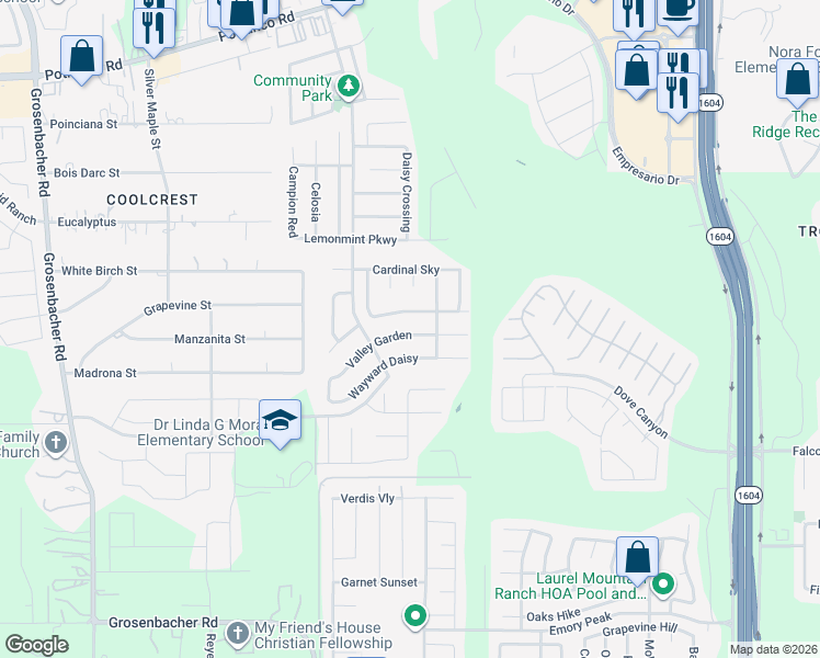 map of restaurants, bars, coffee shops, grocery stores, and more near 11615 Valley Garden in San Antonio