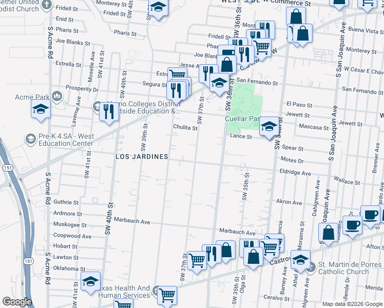map of restaurants, bars, coffee shops, grocery stores, and more near 643 Southwest 37th Street in San Antonio