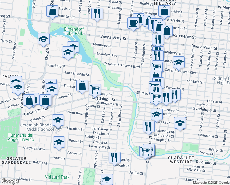 map of restaurants, bars, coffee shops, grocery stores, and more near 2930 El Paso Street in San Antonio