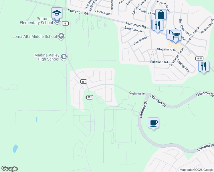 map of restaurants, bars, coffee shops, grocery stores, and more near 213 Antler Bend in San Antonio