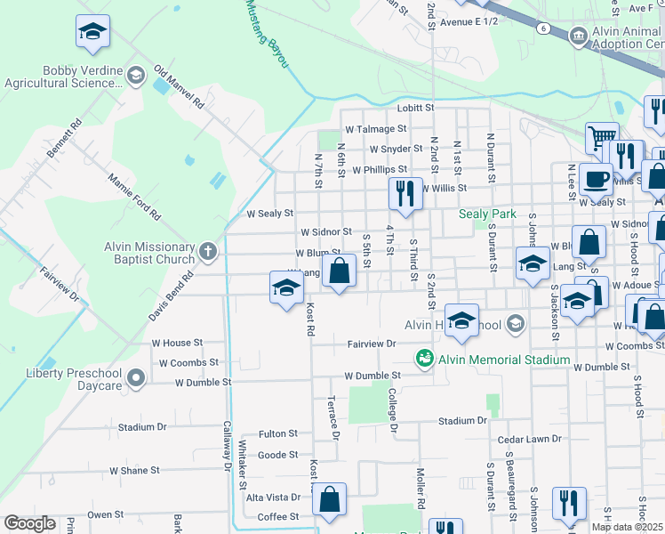 map of restaurants, bars, coffee shops, grocery stores, and more near 1616 W Lang St in Alvin