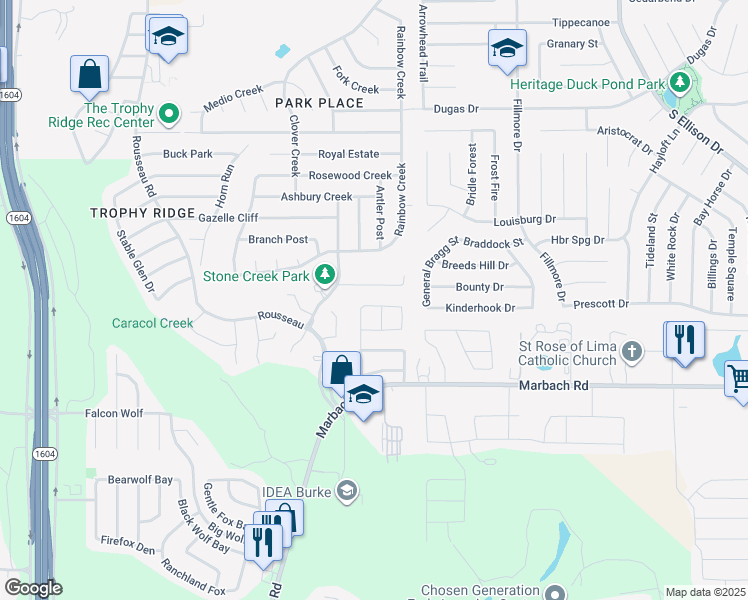 map of restaurants, bars, coffee shops, grocery stores, and more near 10343 Fort Davis Trail in San Antonio