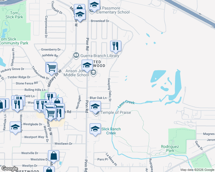 map of restaurants, bars, coffee shops, grocery stores, and more near 1335 Swaying Oaks Street in San Antonio