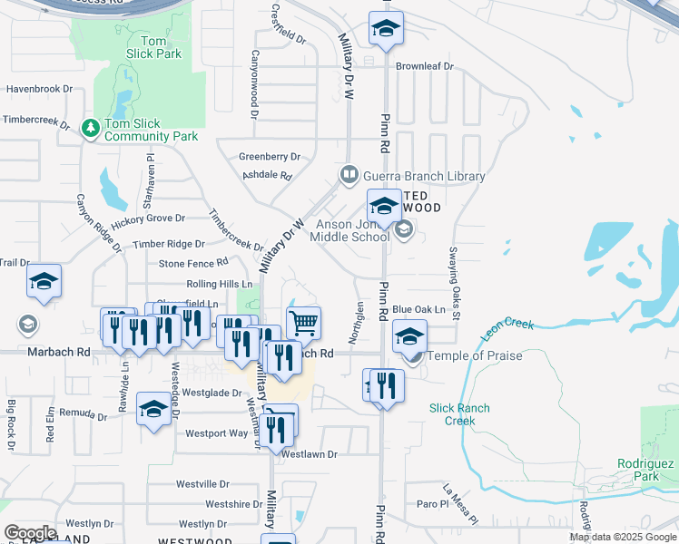 map of restaurants, bars, coffee shops, grocery stores, and more near 6920 Shady Grove Drive in San Antonio