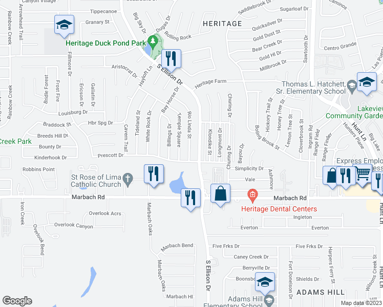 map of restaurants, bars, coffee shops, grocery stores, and more near 1322 Rio Linda Street in San Antonio