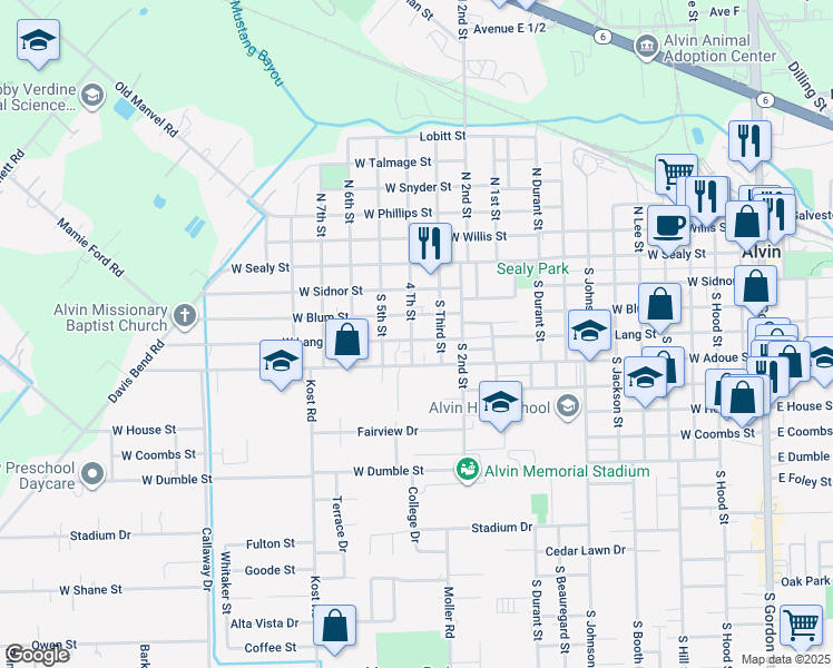 map of restaurants, bars, coffee shops, grocery stores, and more near 1320 West Lang Street in Alvin