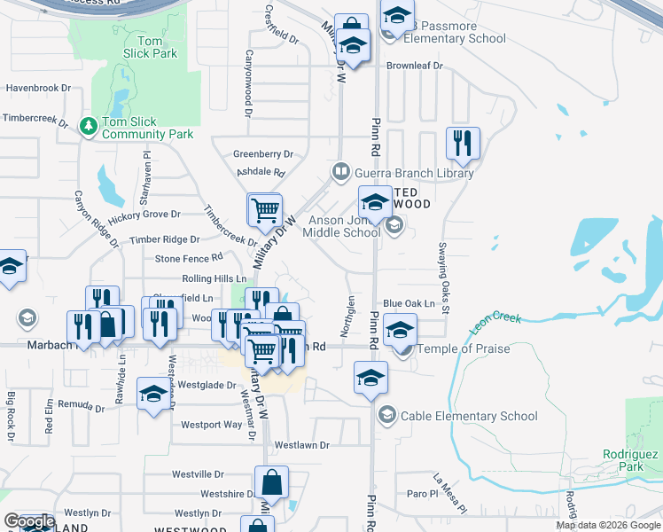 map of restaurants, bars, coffee shops, grocery stores, and more near 6920 Shady Grove Drive in San Antonio