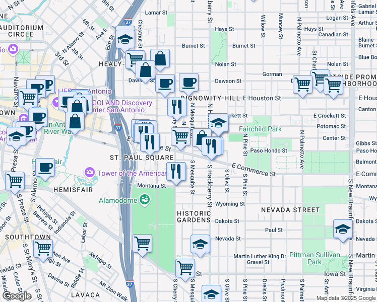 map of restaurants, bars, coffee shops, grocery stores, and more near 1309 East Commerce Street in San Antonio