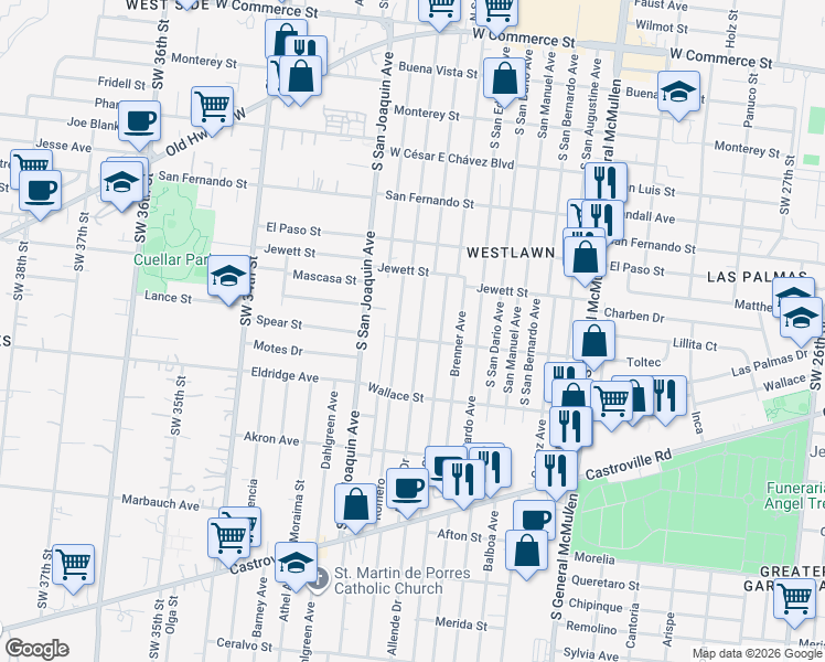 map of restaurants, bars, coffee shops, grocery stores, and more near 931 Allende Drive in San Antonio