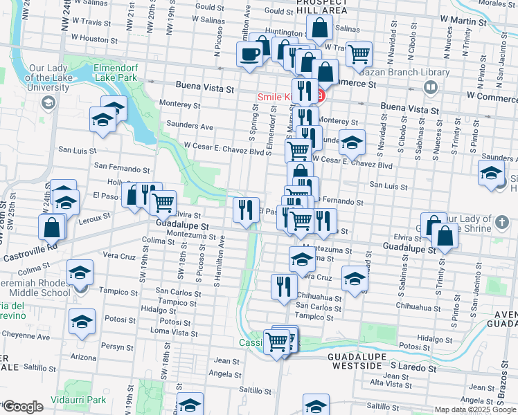 map of restaurants, bars, coffee shops, grocery stores, and more near 2705 El Paso Street in San Antonio