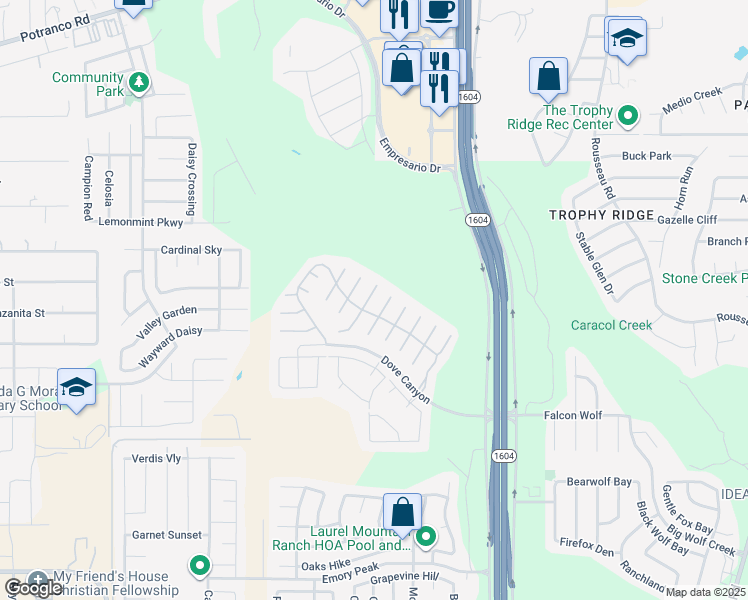 map of restaurants, bars, coffee shops, grocery stores, and more near 1327 Crane Court in San Antonio