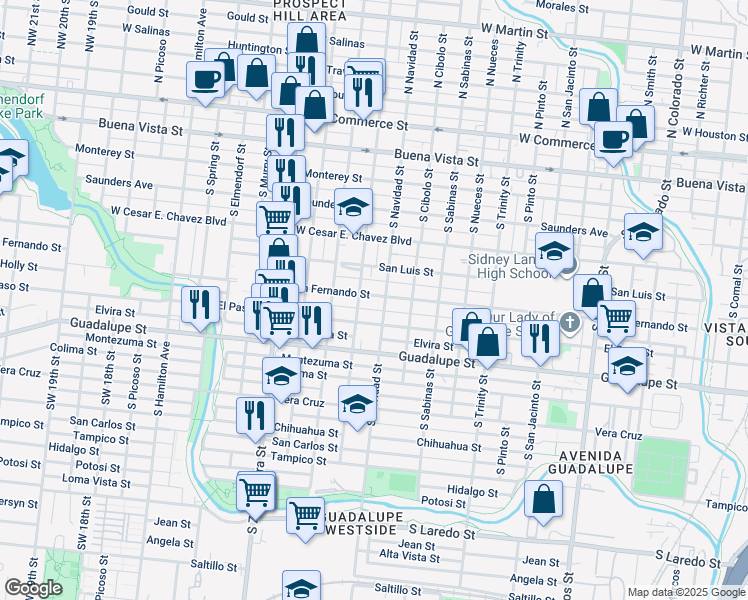map of restaurants, bars, coffee shops, grocery stores, and more near 919 Torreon Street in San Antonio