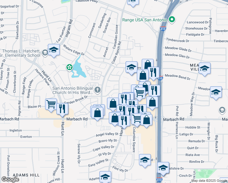 map of restaurants, bars, coffee shops, grocery stores, and more near 8634 Garden Brook Drive in San Antonio