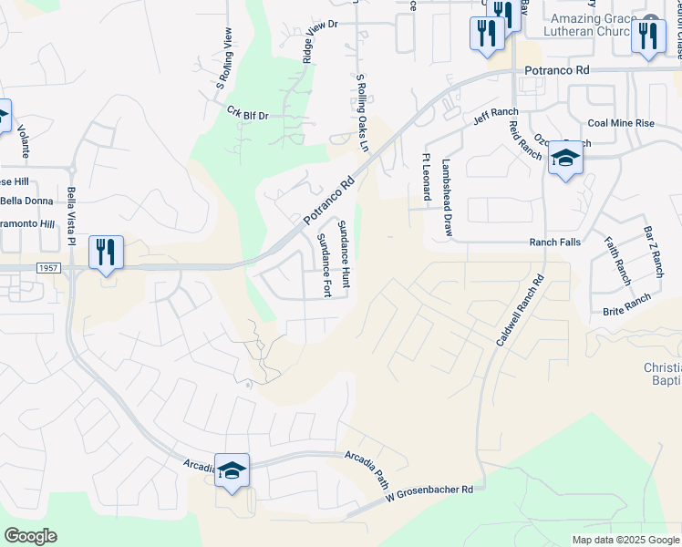 map of restaurants, bars, coffee shops, grocery stores, and more near 1103 Sundance Hunt in San Antonio