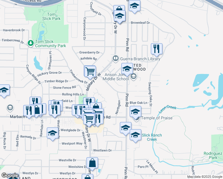 map of restaurants, bars, coffee shops, grocery stores, and more near 6920 Shady Grove Drive in San Antonio