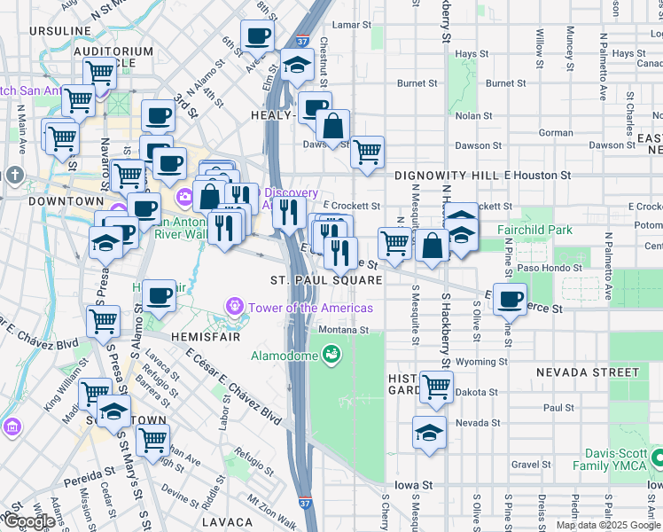 map of restaurants, bars, coffee shops, grocery stores, and more near 102 Heiman Street in San Antonio